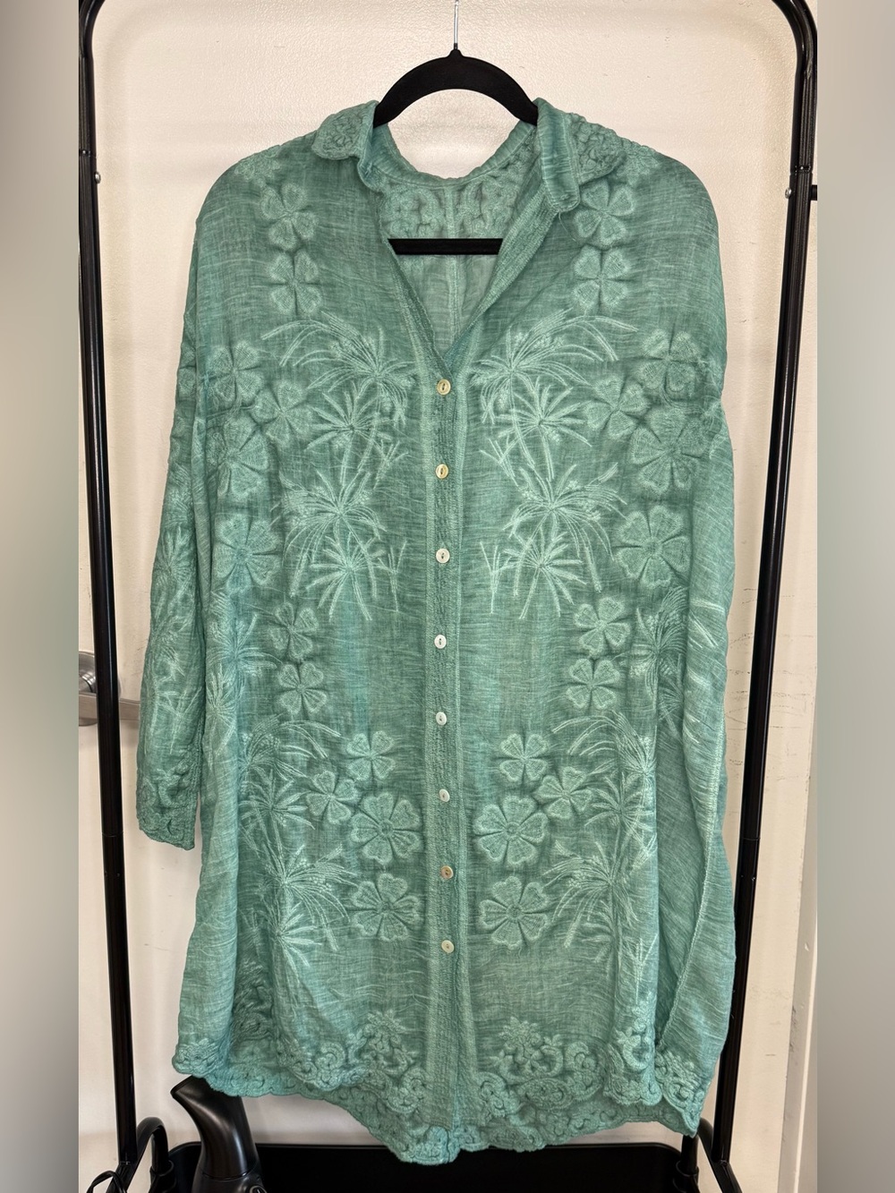 Embroidered Button Front Tunic Seafoam Green Lightweight Top Oversized